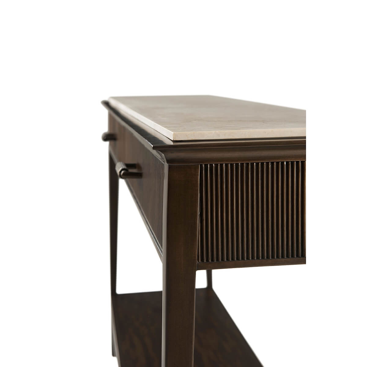 Close-up of console table corner and marble detailing.