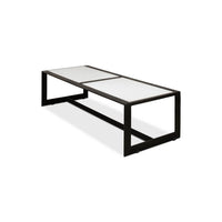 Side perspective of modern marble top iron coffee table.