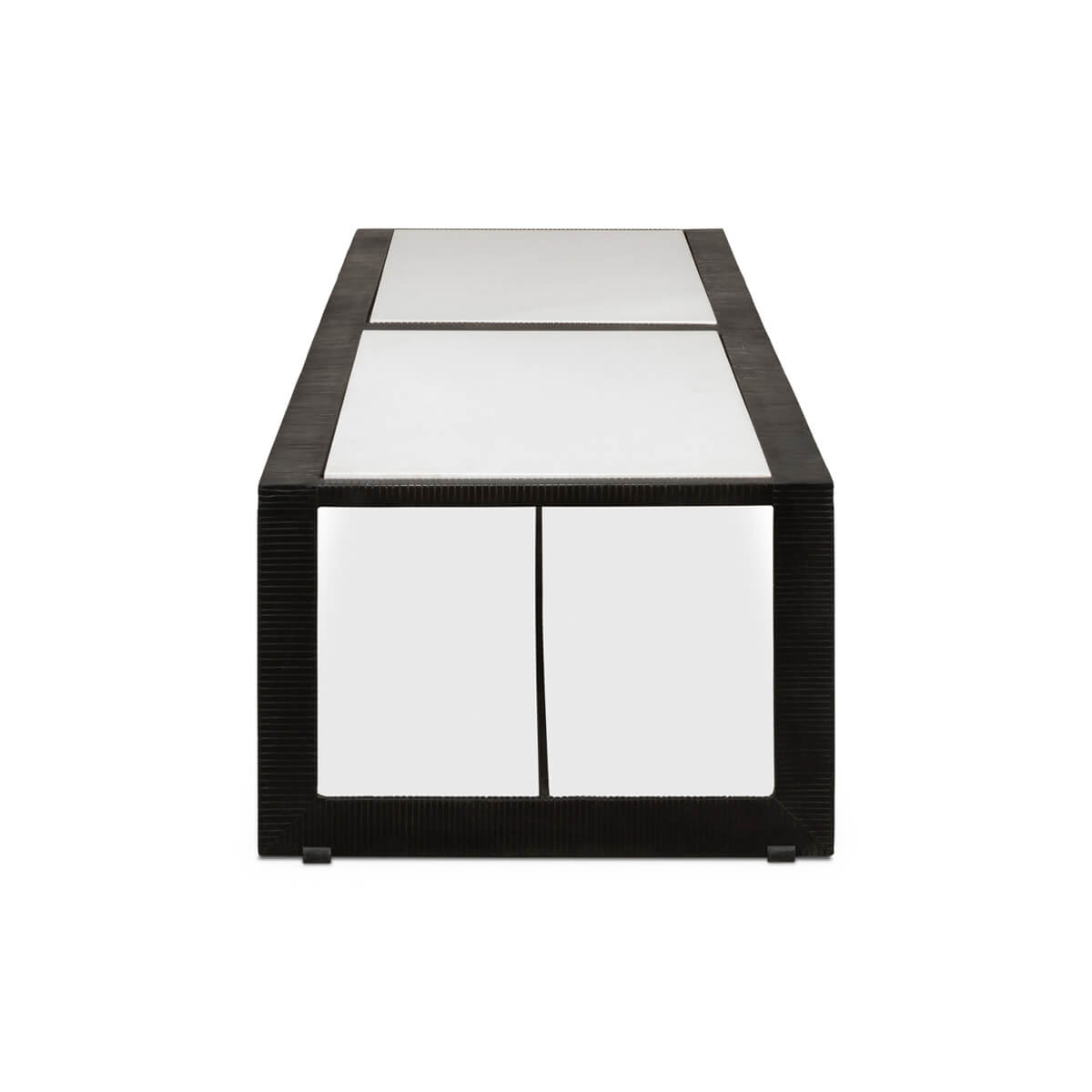 End view of modern marble top iron coffee table.