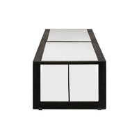 End view of modern marble top iron coffee table.