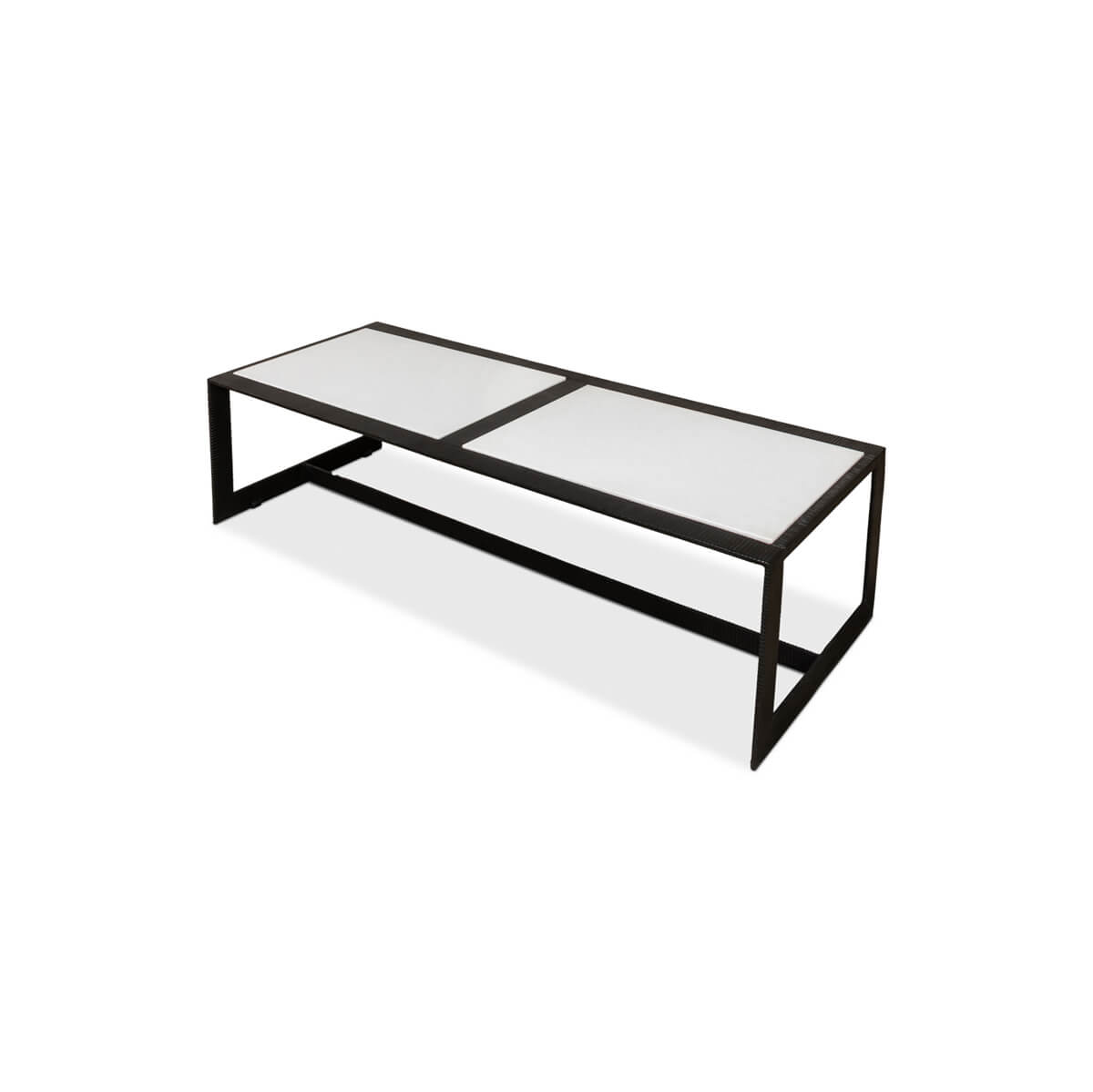 Overhead angle showing modern marble top iron coffee table.