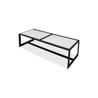 Overhead angle showing modern marble top iron coffee table.