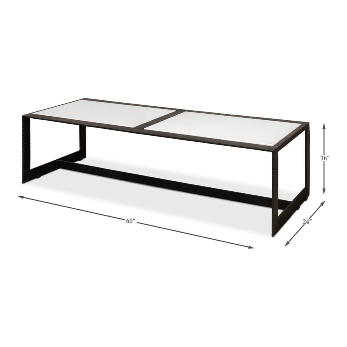 Dimensions of modern marble top iron coffee table shown.