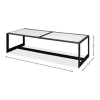 Dimensions of modern marble top iron coffee table shown.