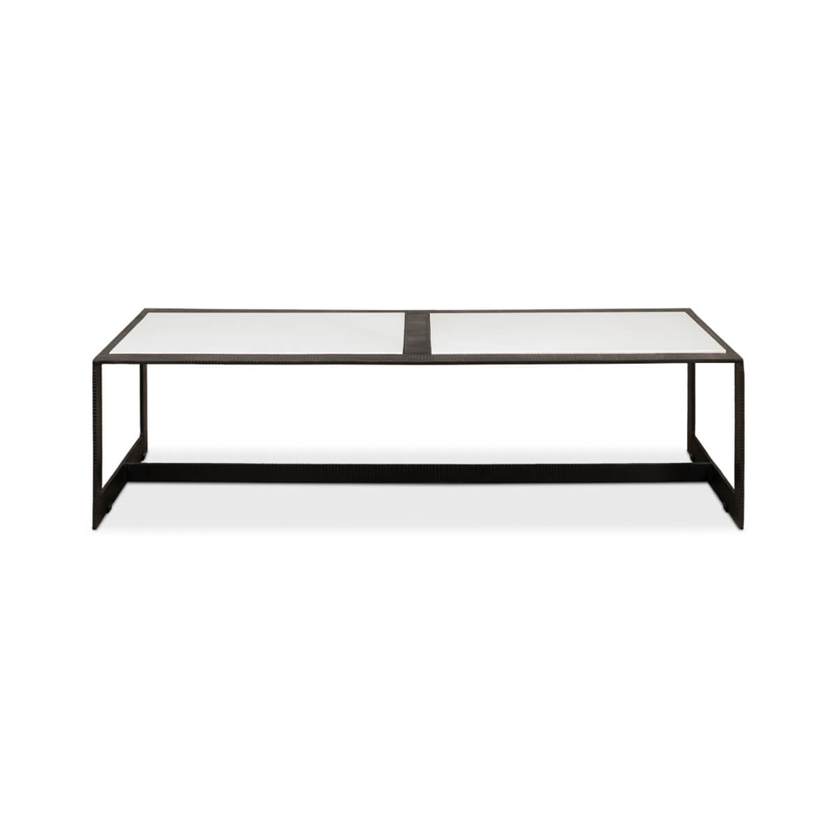 Front view of modern marble top iron coffee table.