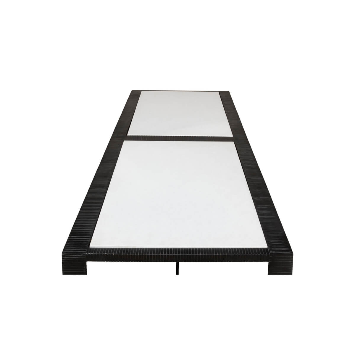 Top-down view of modern marble top iron coffee table surface.