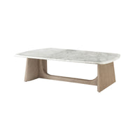 Modern quartz top oak coffee table front view.