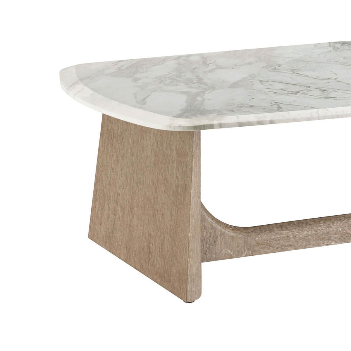 Close-up of oak base and quartz table corner.