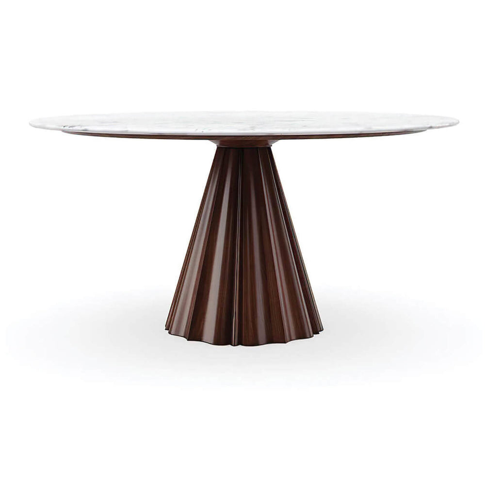 Round dining table with pleated base, marble top.