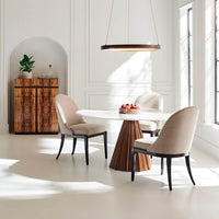 Dining table with chairs, modern interior setting.