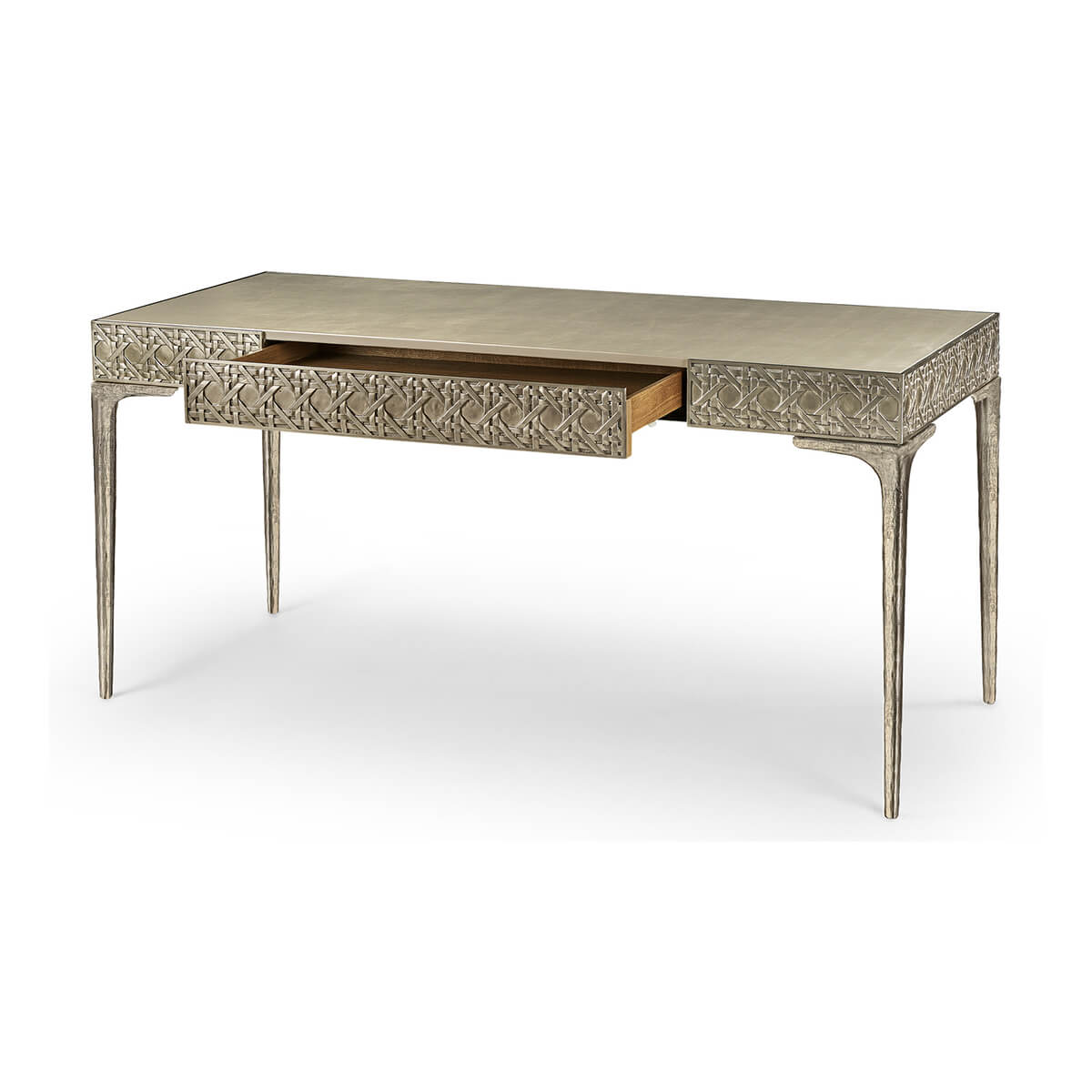 Modern metal desk with open drawer.