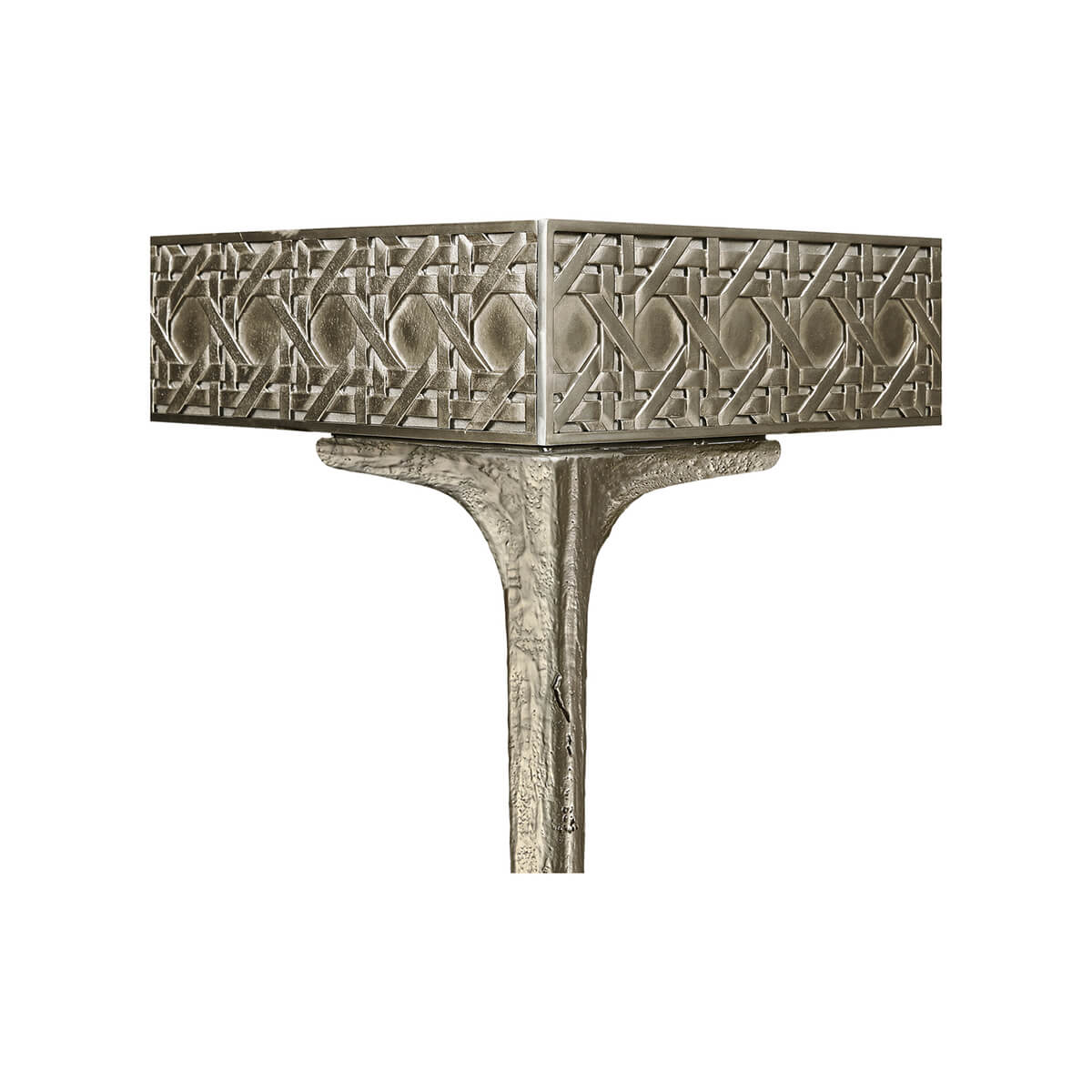 Corner detail of modern metal desk leg and pattern.