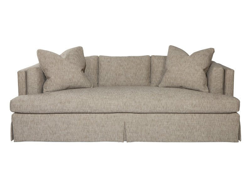 Beige modern sofa, front view with plush pillows