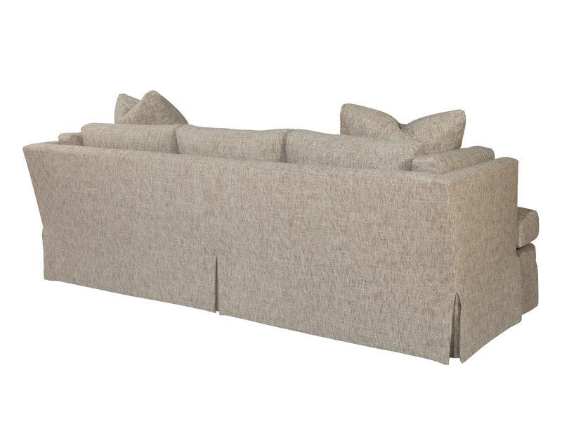 Upholstered sofa, rear angle, showcasing back design