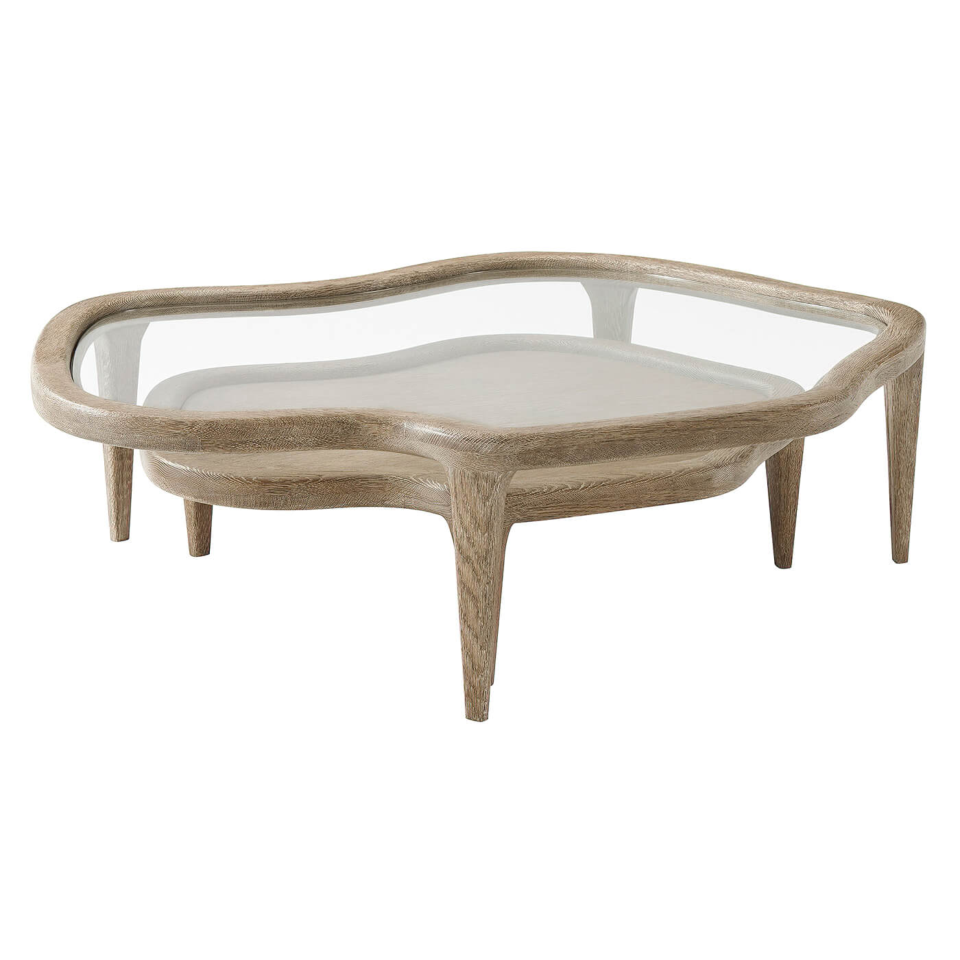 Nesting cocktail tables, top view, glass and wood surfaces.