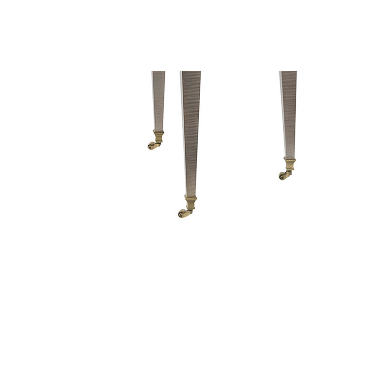 Close-up of round table legs with brass casters.
