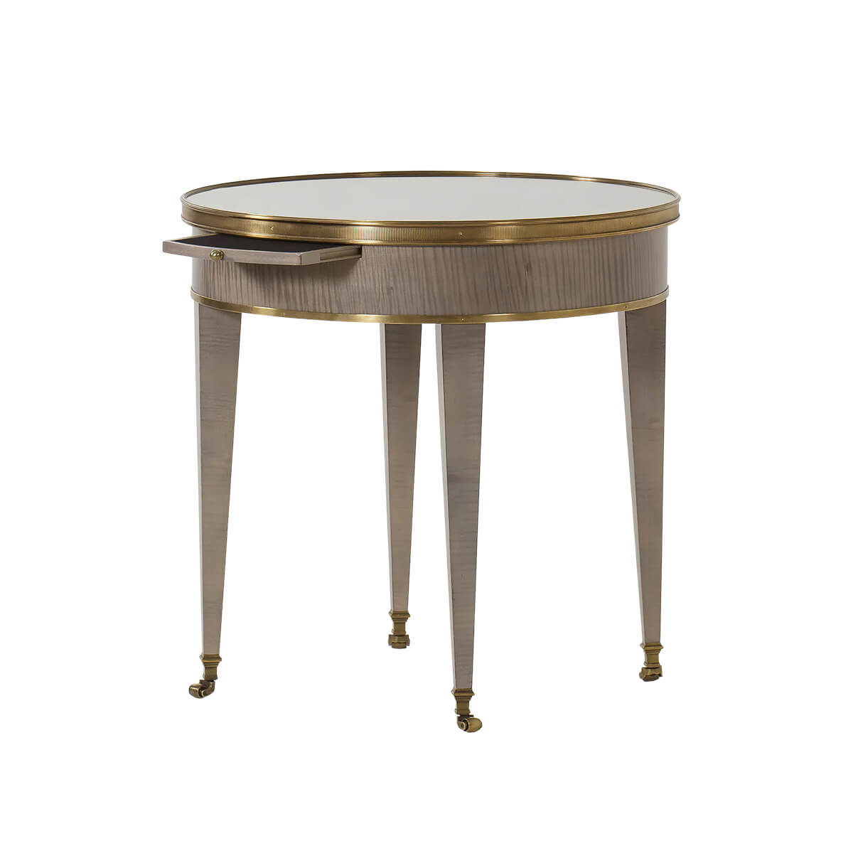Round side table with drawer, classic design, isolated view.