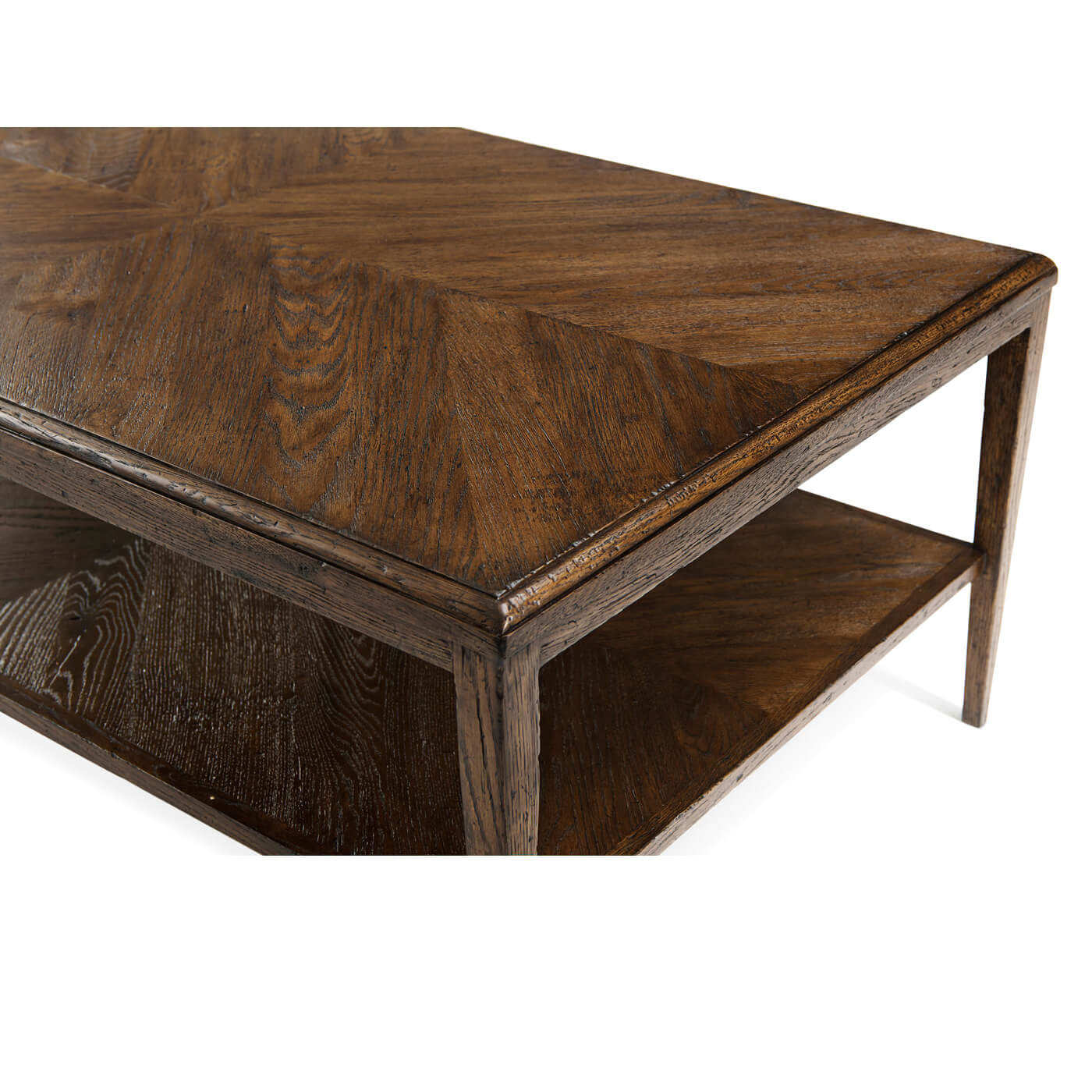 Angled view of modern oak coffee table, detailed top.