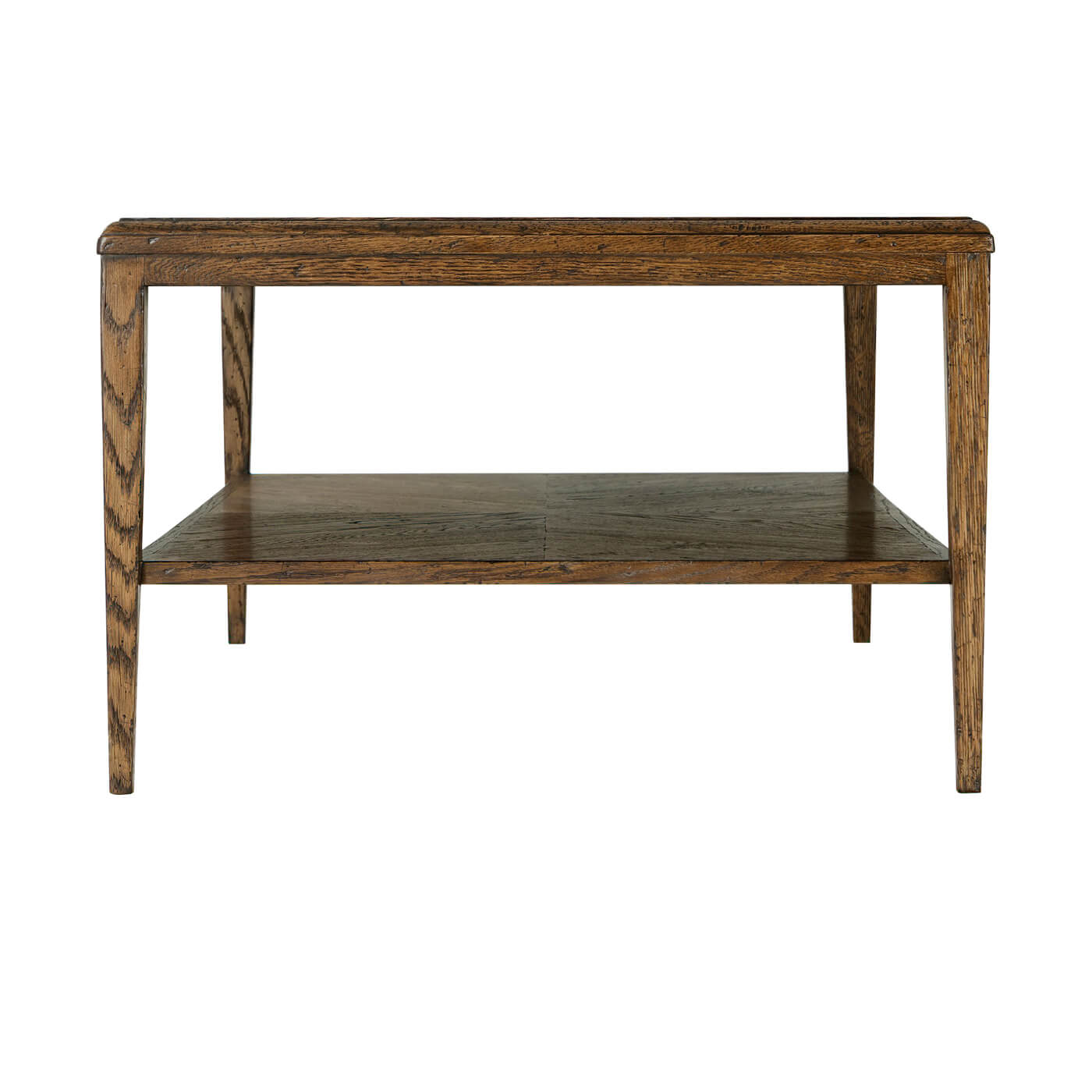 Front view, modern oak coffee table with shelf.