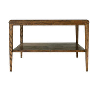 Front view, modern oak coffee table with shelf.