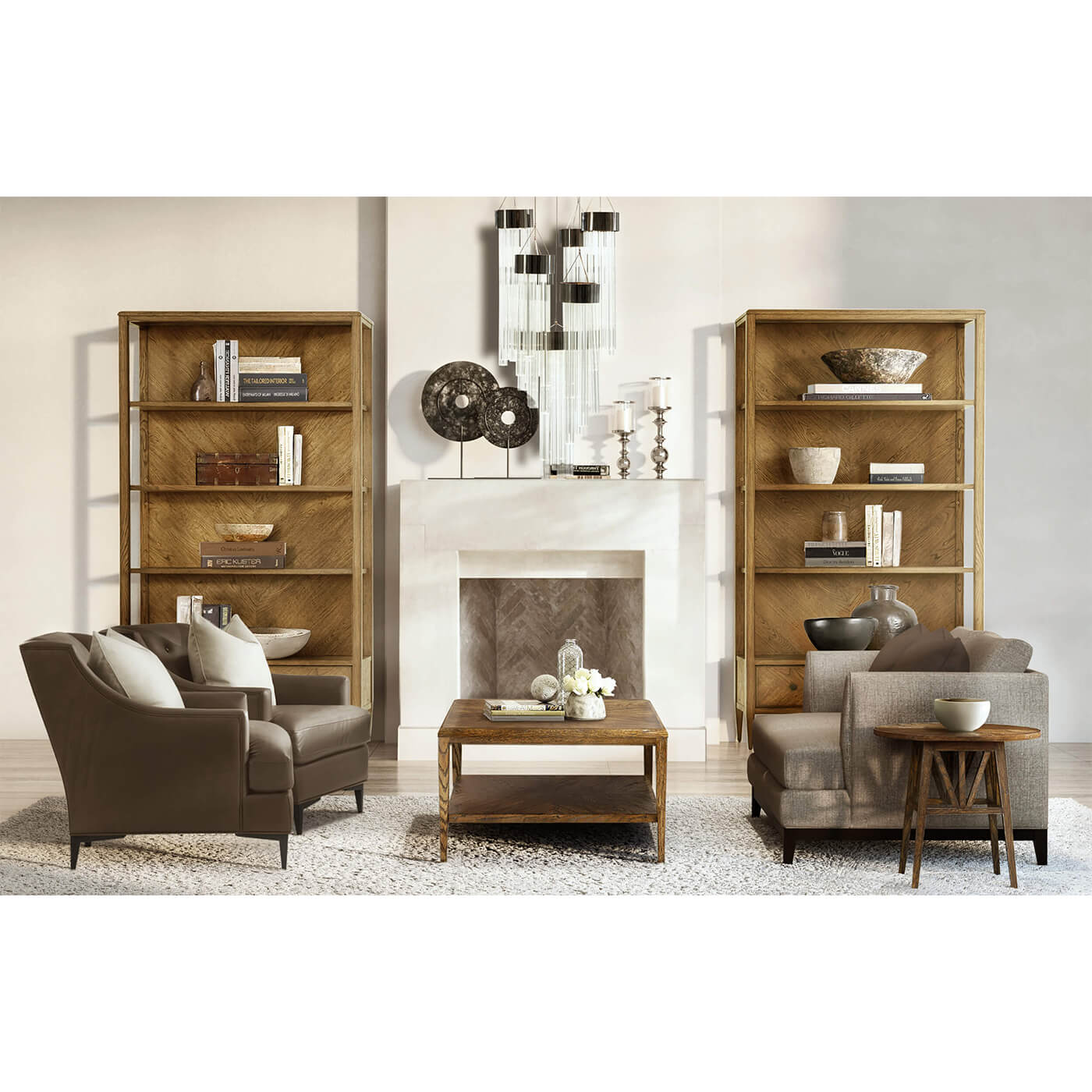 Living room setting featuring modern oak coffee table.
