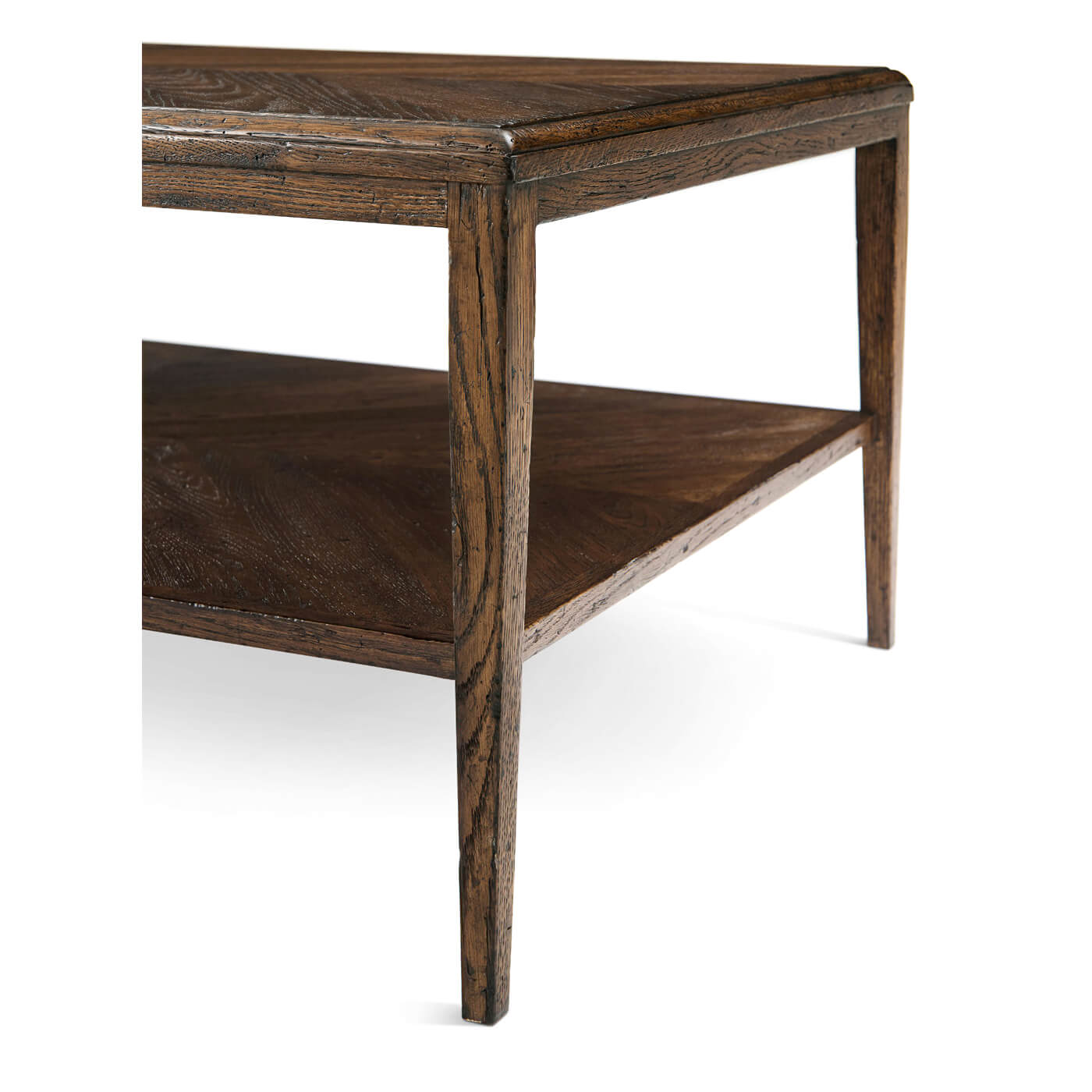 Close-up corner of modern oak coffee table, dark wood.