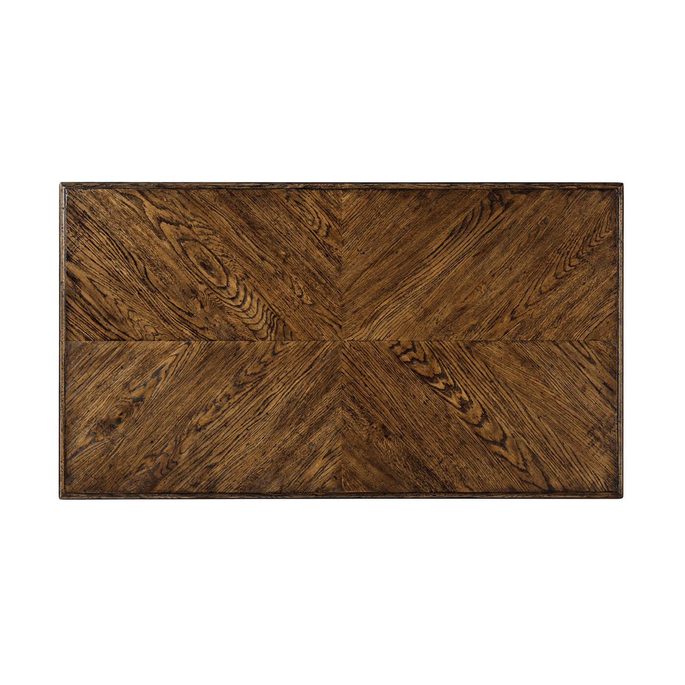 Top view of modern oak coffee table, dark finish.