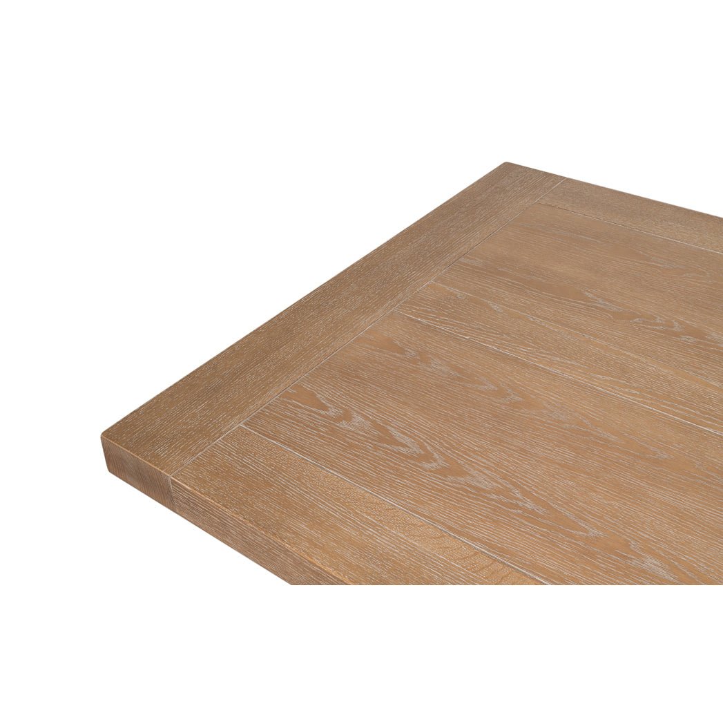 Close-up of oak dining table corner detail.