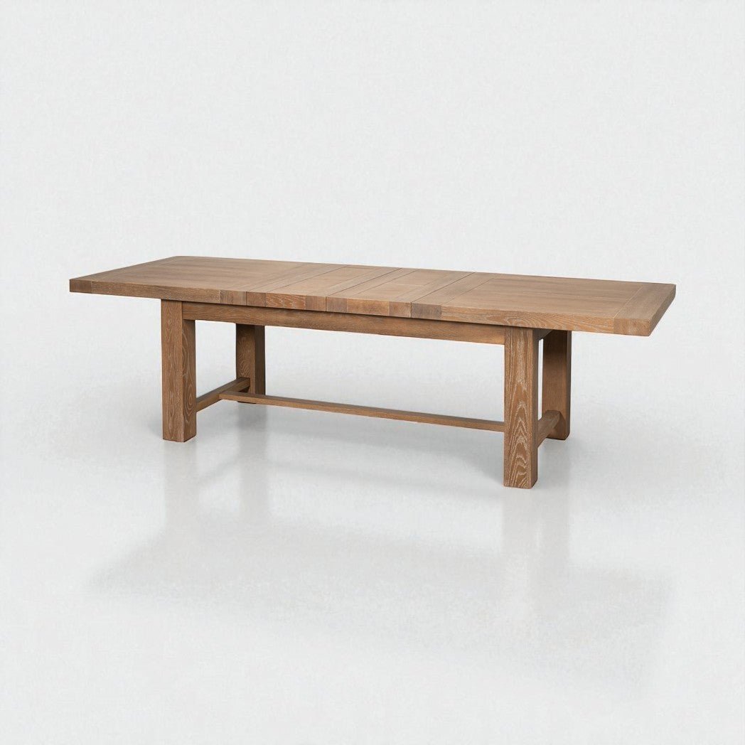Oak extension dining table full view, angled right.