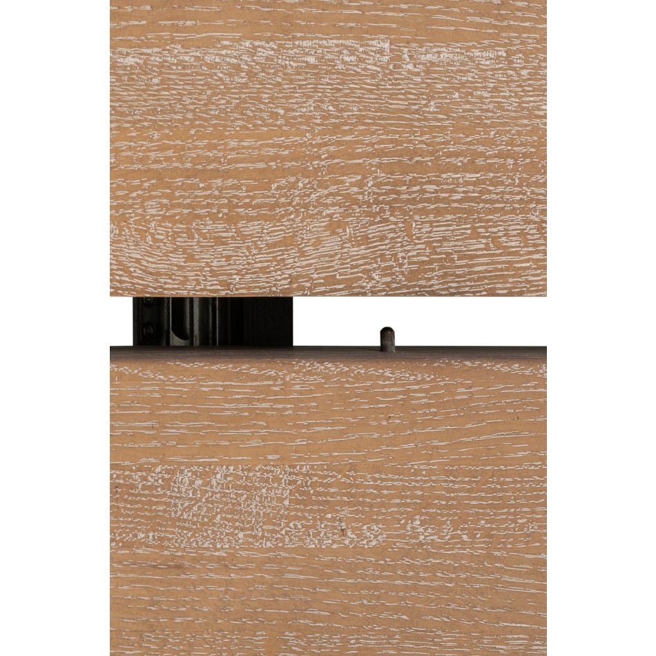 Close-up of oak dining table seam, top view.