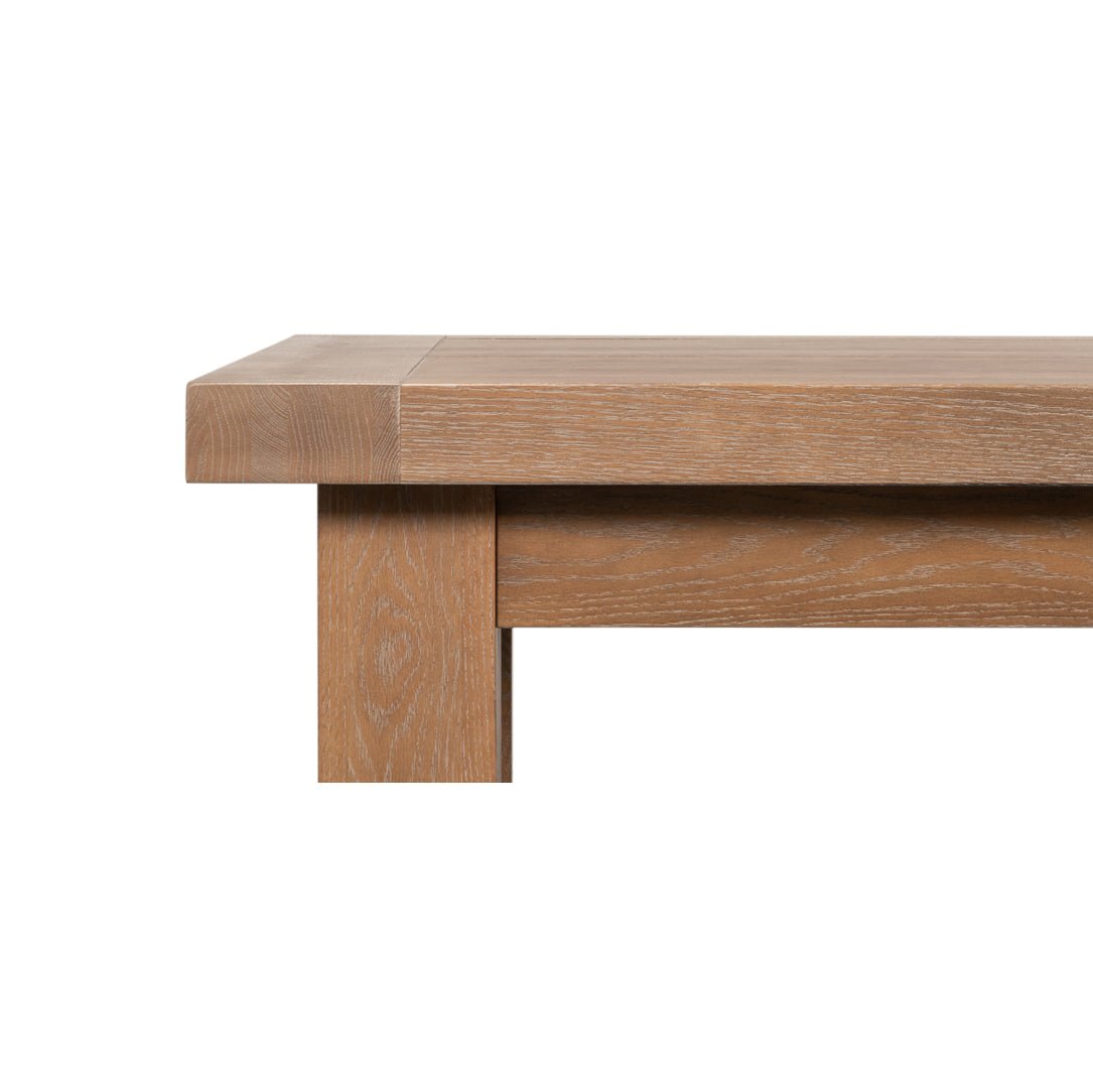 Side view of dining table leg construction.