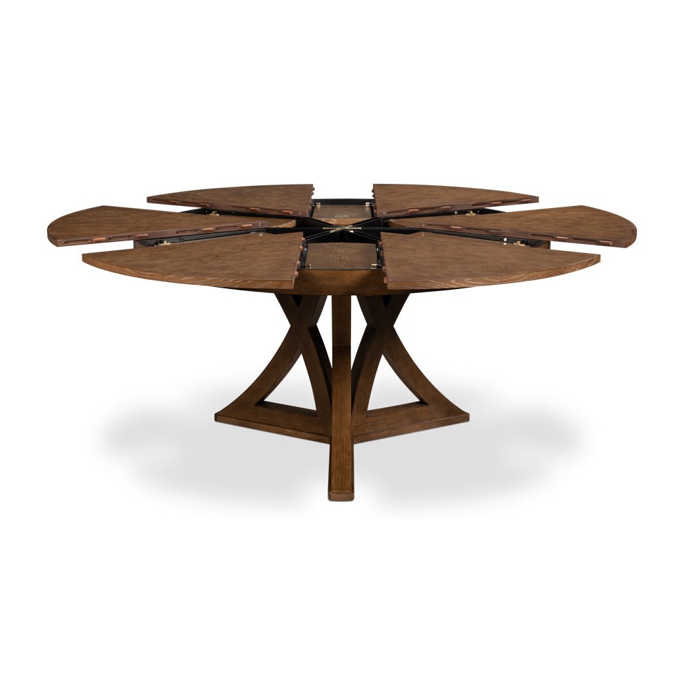 Dining table leaf sections opening outward.