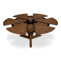 Top view of oak table with open leaves.