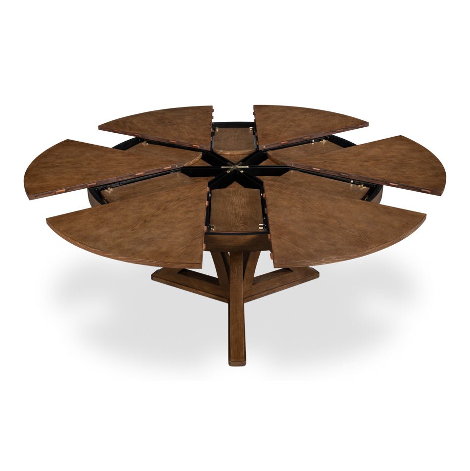 Top view of oak table with open leaves.