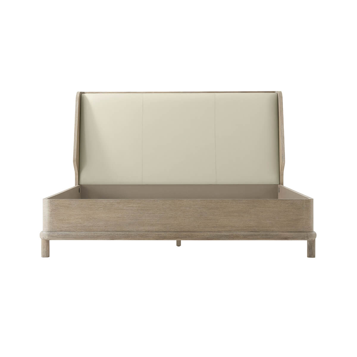 Oak luxury bed frame, front view with padded headboard.