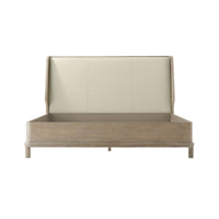 Oak luxury bed frame, front view with padded headboard.