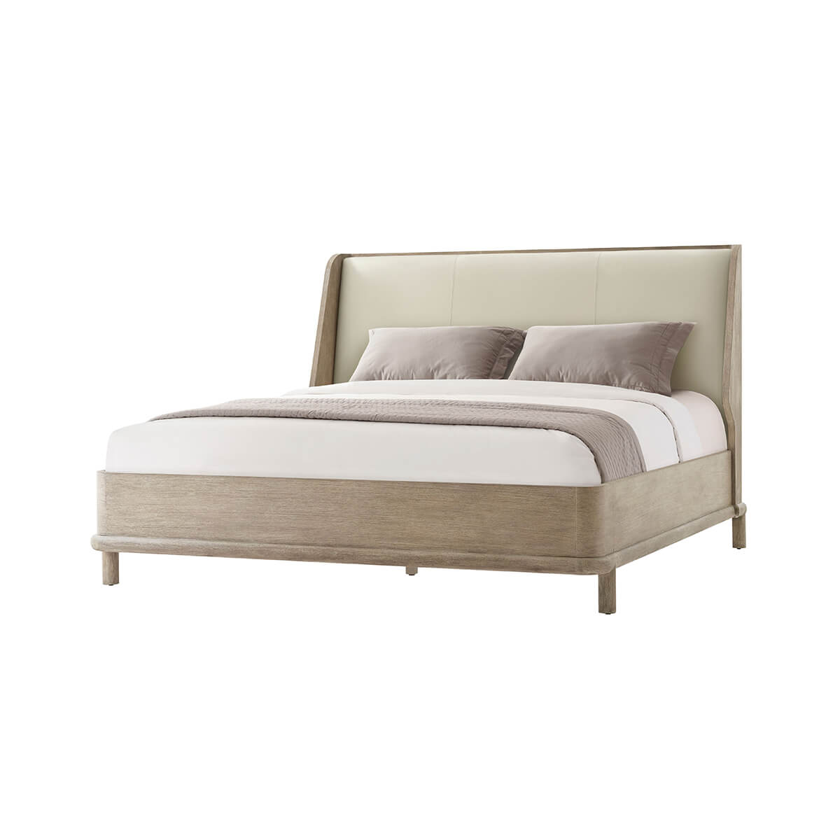 Oak luxury bed frame, angled view with bedding.