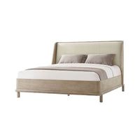 Oak luxury bed frame, angled view with bedding.
