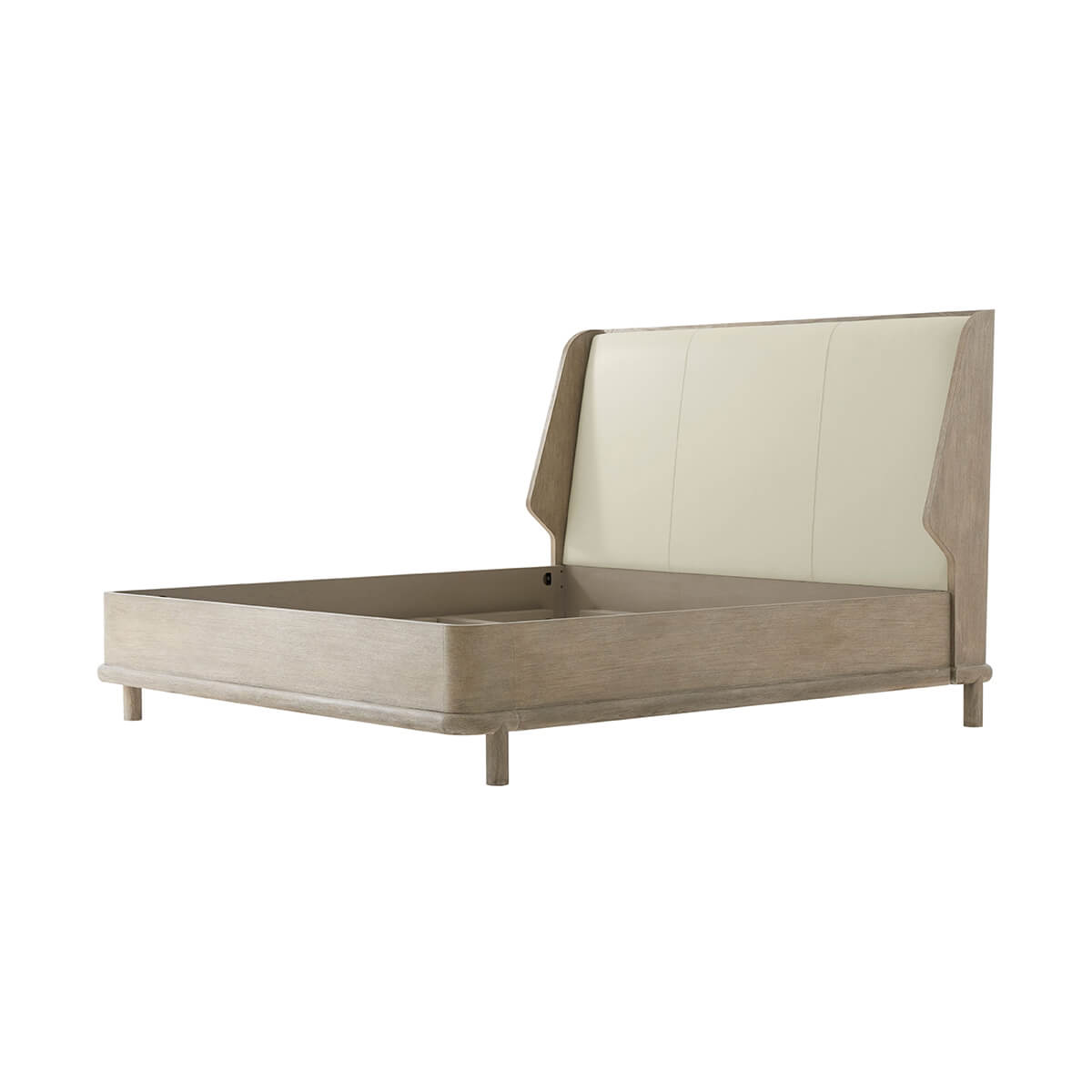 Oak luxury bed frame, diagonal view, cushion details.