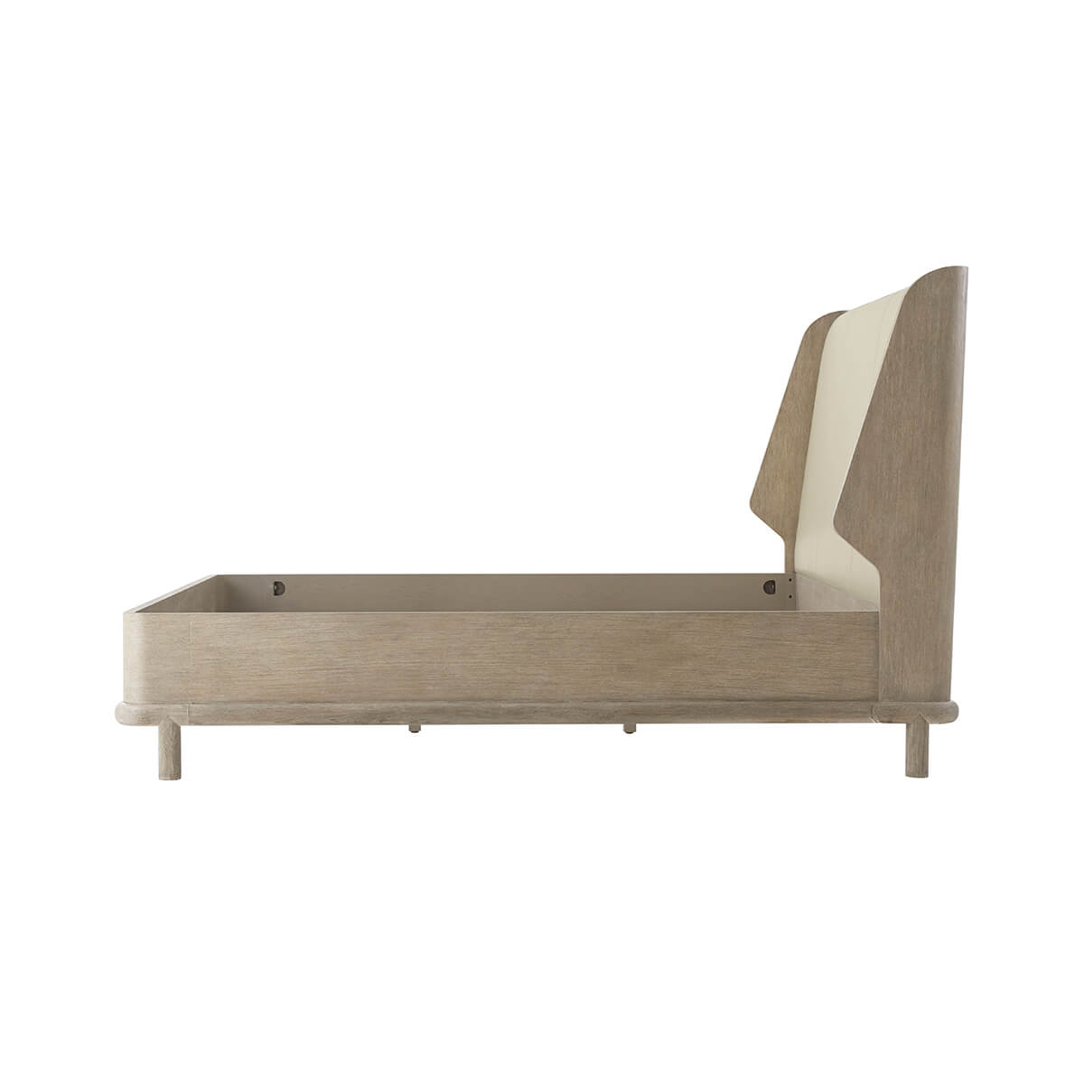 Oak luxury bed frame, side profile without bedding.
