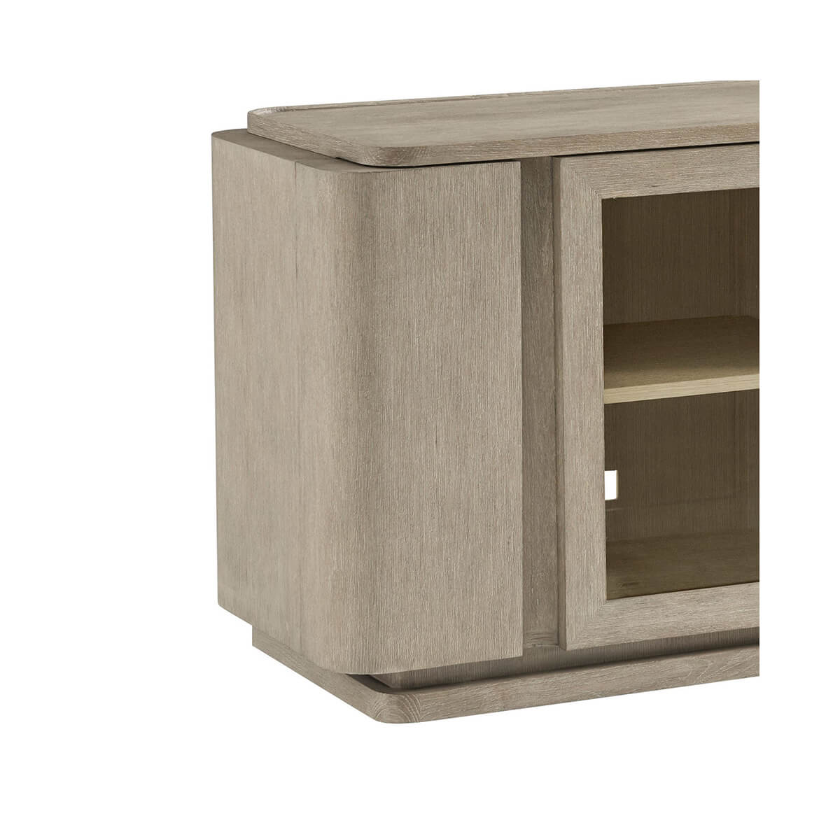 Light oak console, close-up of left side detail.