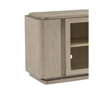 Light oak console, close-up of left side detail.