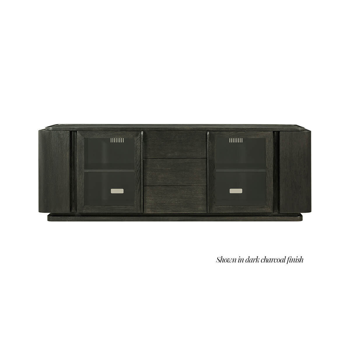 Dark charcoal media console, closed view of glass doors.