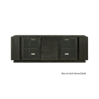 Dark charcoal media console, closed view of glass doors.
