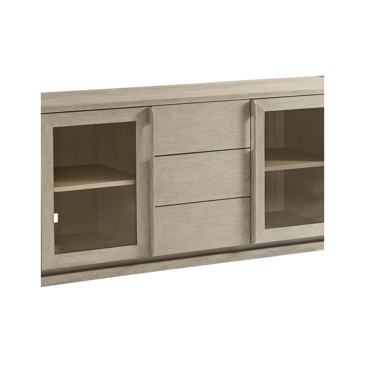Light oak console, front view of drawers and glass doors.