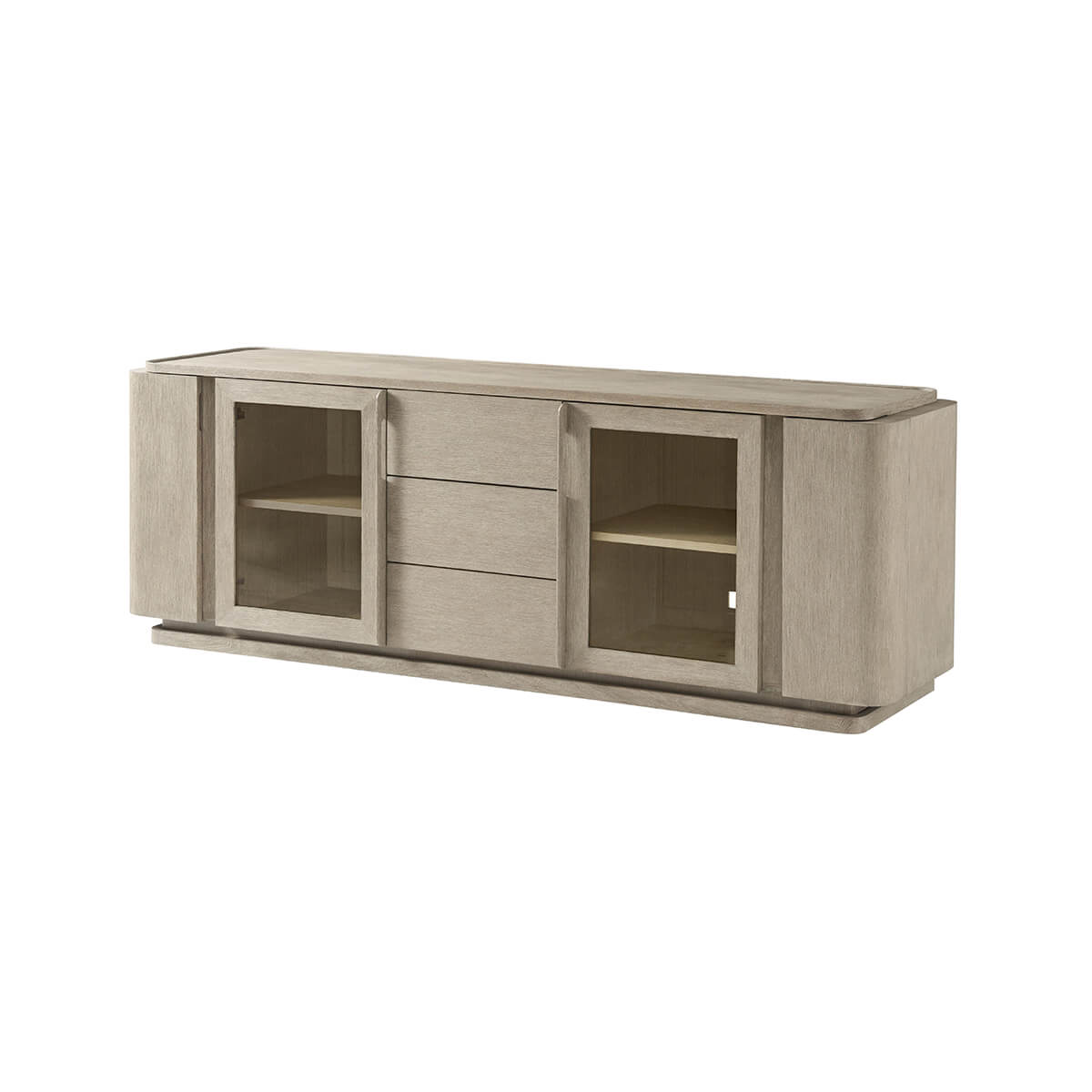 Light oak media console, full view with glass doors.