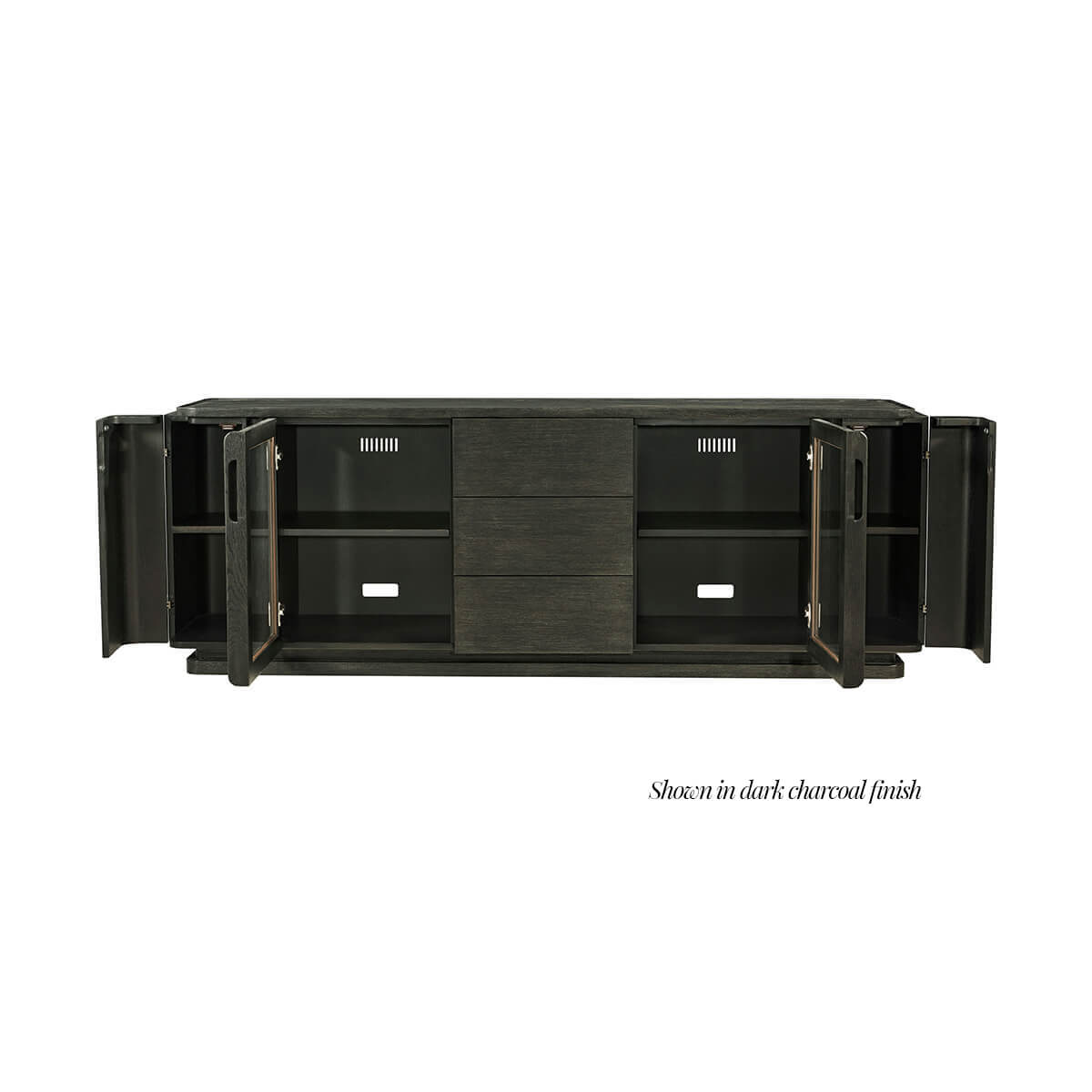 Dark charcoal media console, open doors showing interior.