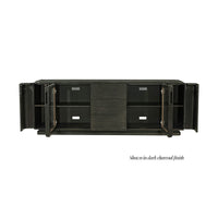 Dark charcoal media console, open doors showing interior.