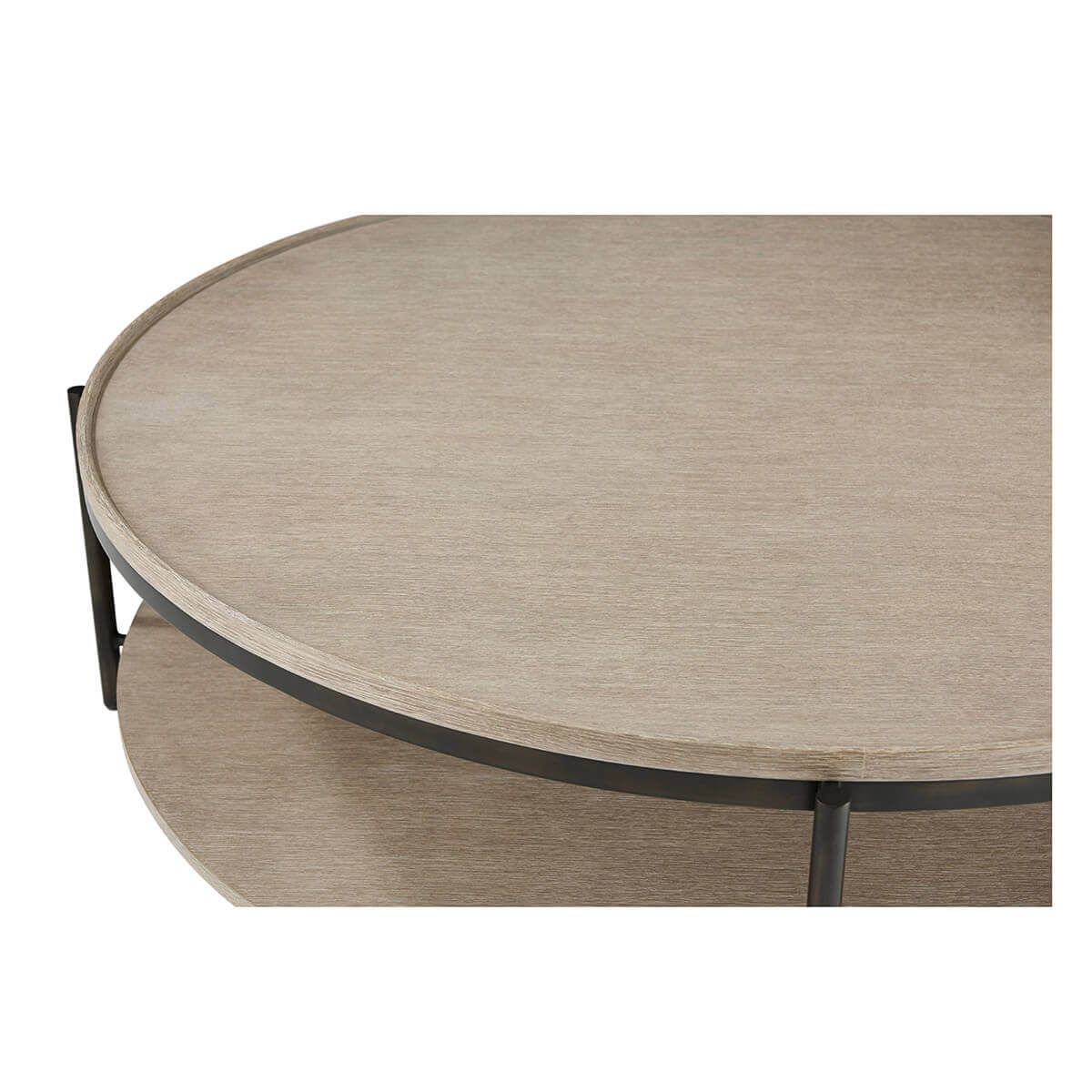 Close-up of round coffee table top and shelf.