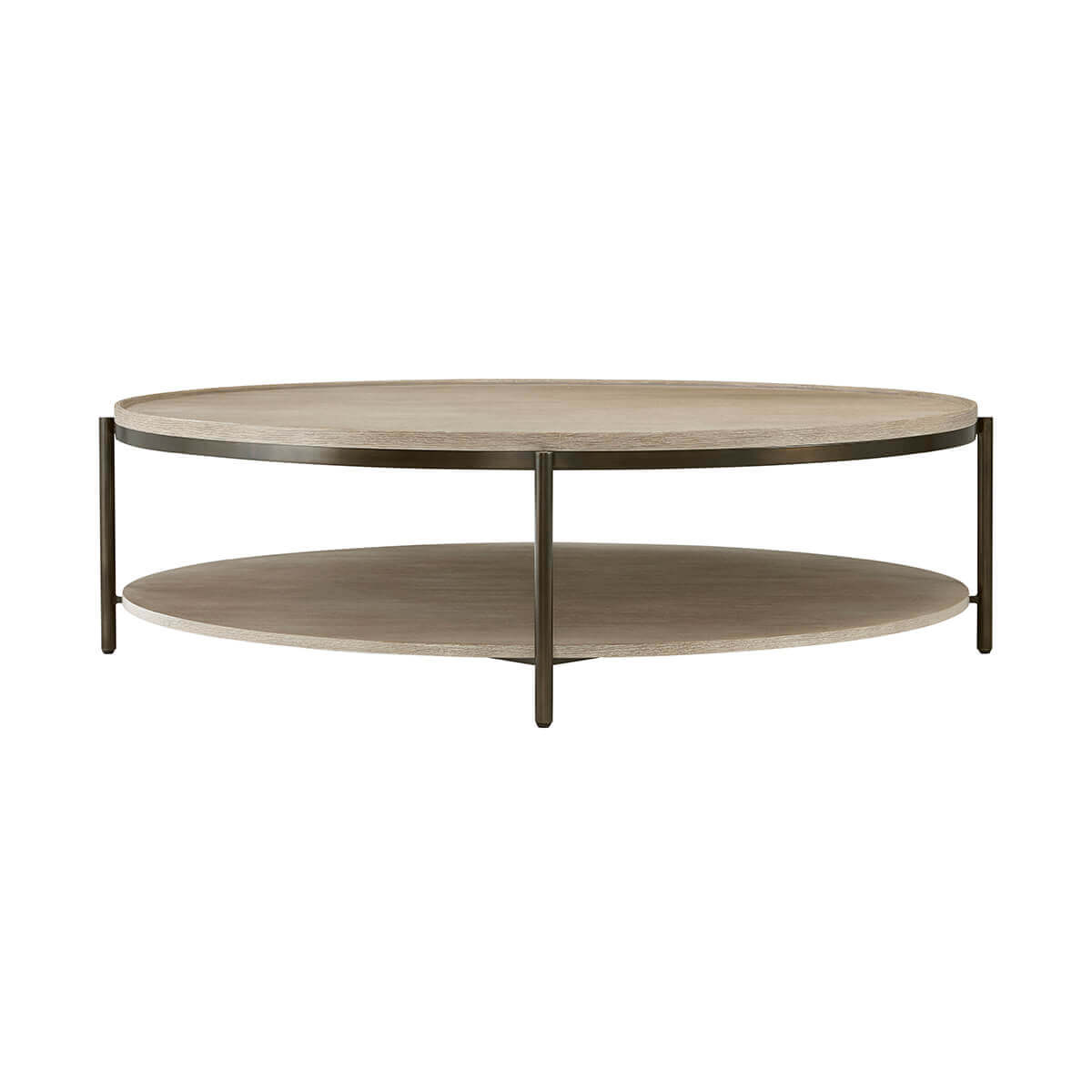 Side view of round coffee table with shelf.